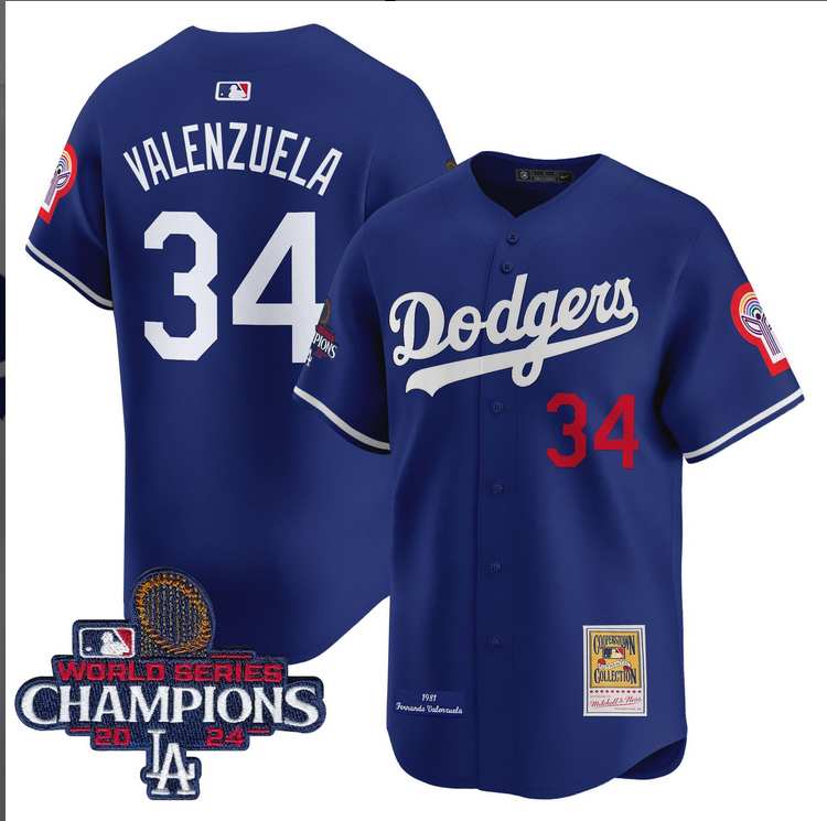 Men MLB Los Angeles Dodgers #34 Valenzuela blue 2024 World Series Champions Patch Cooperstown Jersey->los angeles dodgers->MLB Jersey